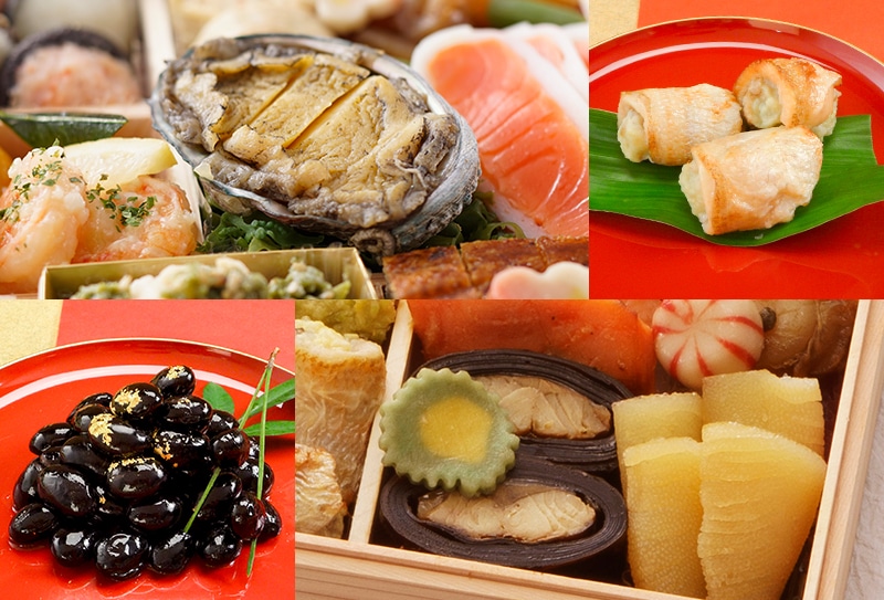 髙島屋オリジナルおせち三段重　活け鮑煮、のどぐろの包み焼き　金箔黒豆　にしん昆布巻き